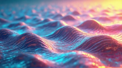 Rippling waves shimmer with vibrant colors as twilight casts a magical glow. The combination of light and movement creates a mesmerizing atmosphere by the water's edge.