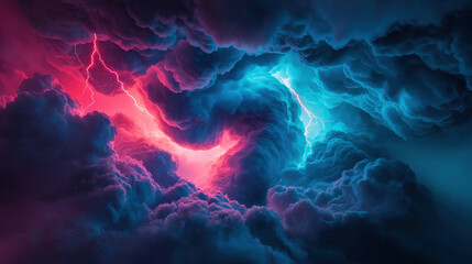 Obraz premium Vibrant storm clouds with dynamic lightning in shades of blue and pink.