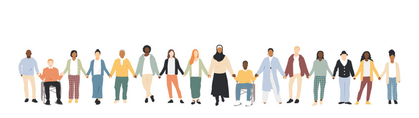 Different people standing and holding hands together.