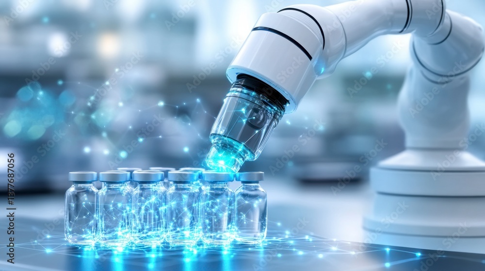 Aufkleber robotic arm handling glass vials in a sterile laboratory setting. blue light illuminates the vials a