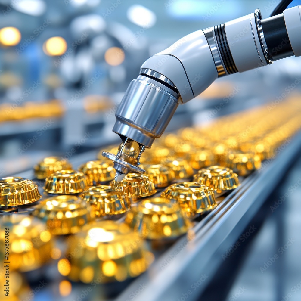 Poster robotic arm placing golden metallic parts on a conveyor belt in a factory setting. the image shows p