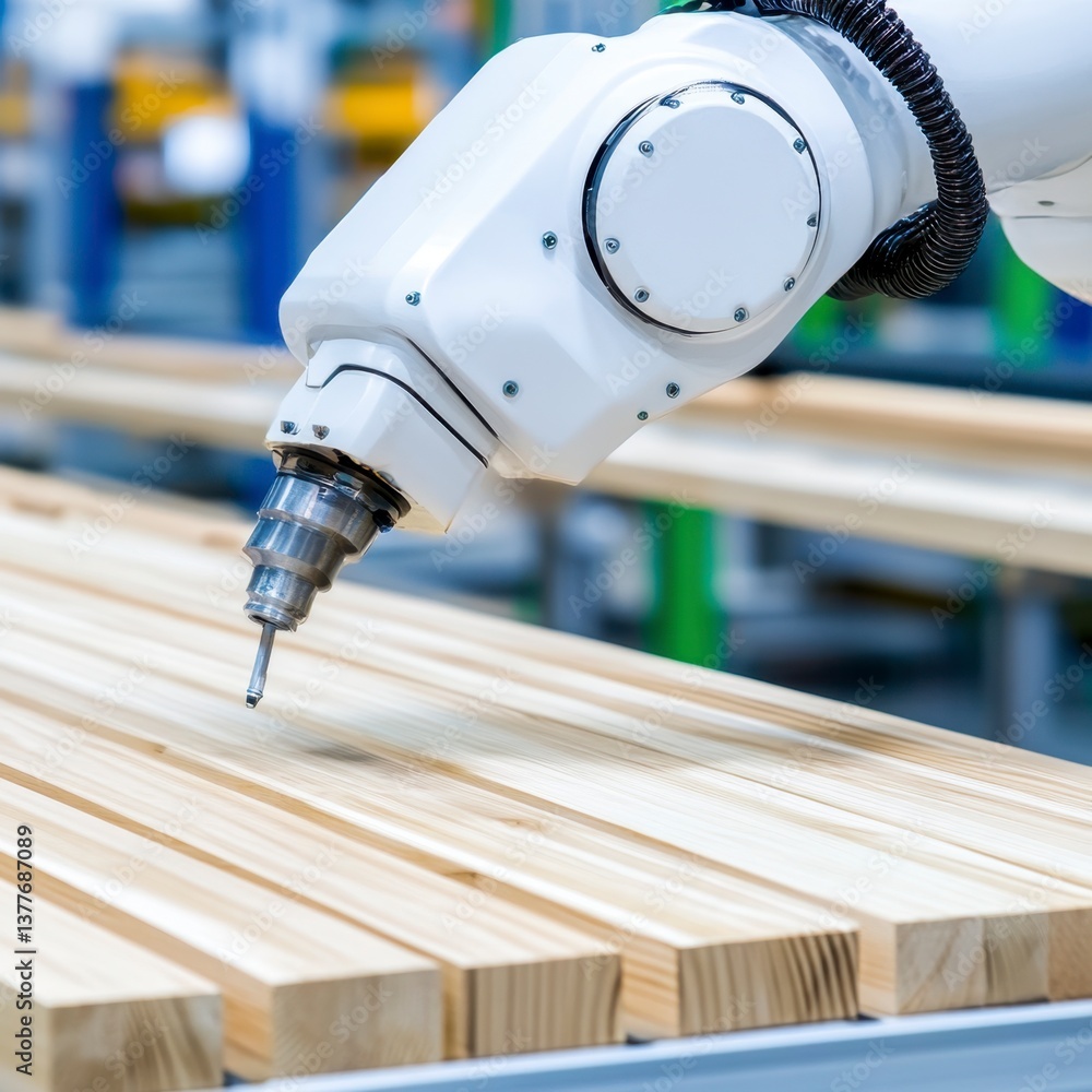Poster close up view of a robotic arm precisely drilling into light brown wooden planks. the robotic arm is