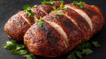 A close-up macro shot reveals two perfectly grilled chicken breasts sliced thinly, showcasing a delicious seasoned crust and juicy interior, garnished with fresh parsley sprigs on