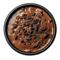 Top view of a delicious looking Budino al Cioccolato on a dark bowl isolated on a white transparent background