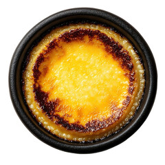 Top view of a delicious looking Budino di Riso on a dark platter isolated on a white transparent background