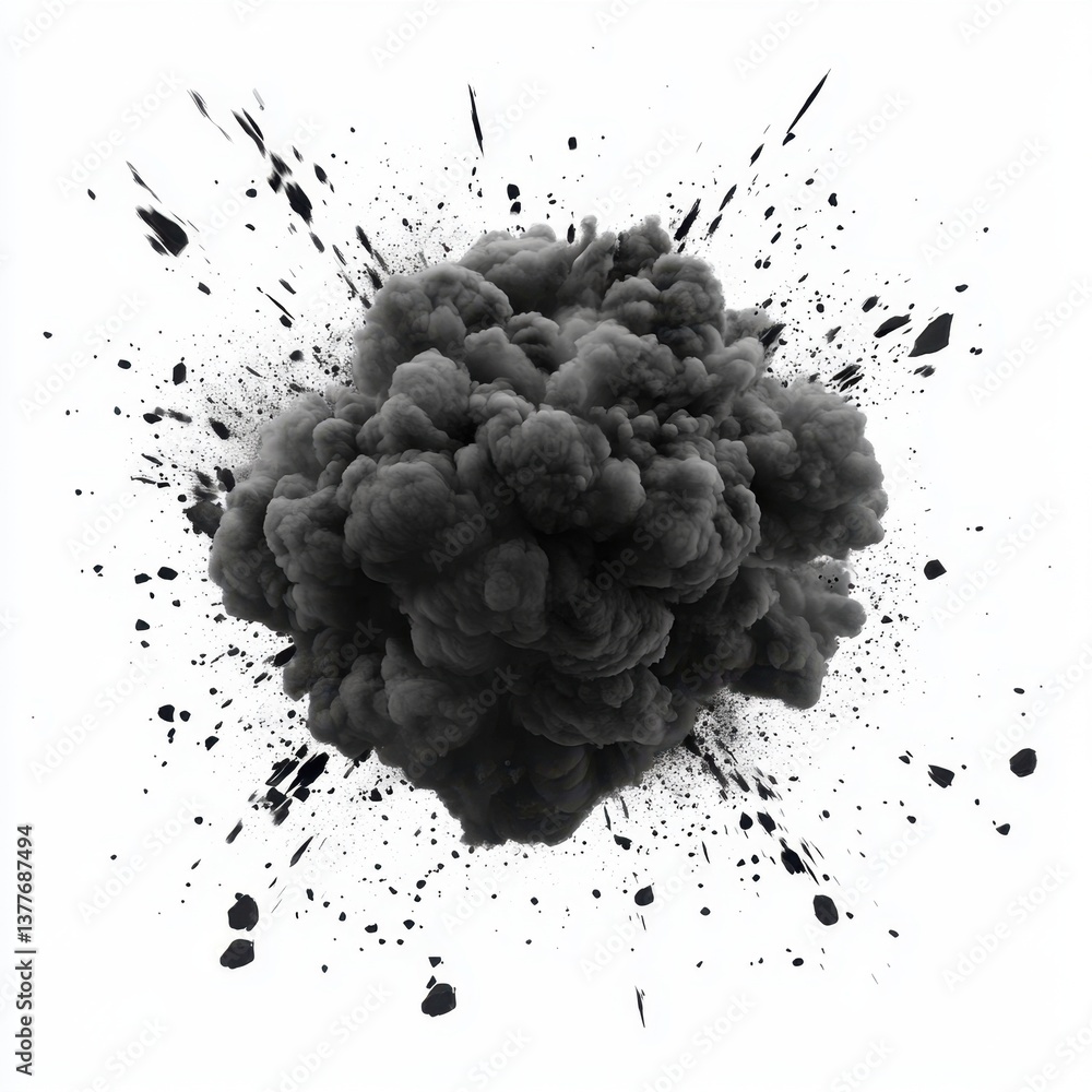 Poster dramatic black smoke cloud explosion on white background creating a powerful visual impact for desig