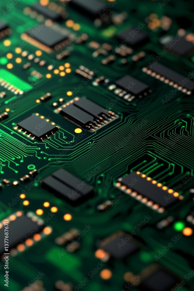 Poster close-up view of a green printed circuit board, highlighting computer technology and electronics.