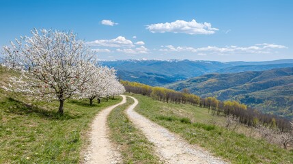 A countryside path lined with blooming apple trees,