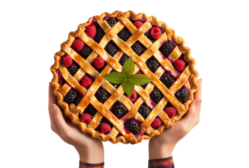 Hand holding baked mixed berry pie with a stunning lattice crust isolated on white transparent background