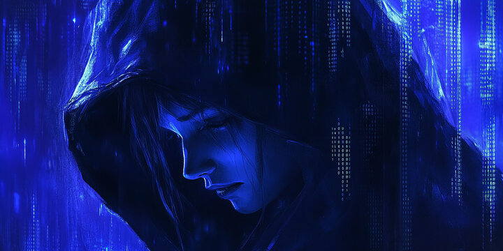 Blue-toned digital art depicting a woman in a hooded cloak, set against a backdrop of binary code, symbolizing mystery, technology, or digital security