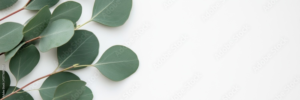 Poster eucalyptus branches arrangement on white background with copy space for text or design. top view