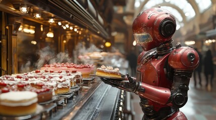 Futuristic robot in a bakery, examining pastries