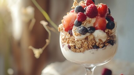 Delicious healthy breakfast with fruits granola vertical