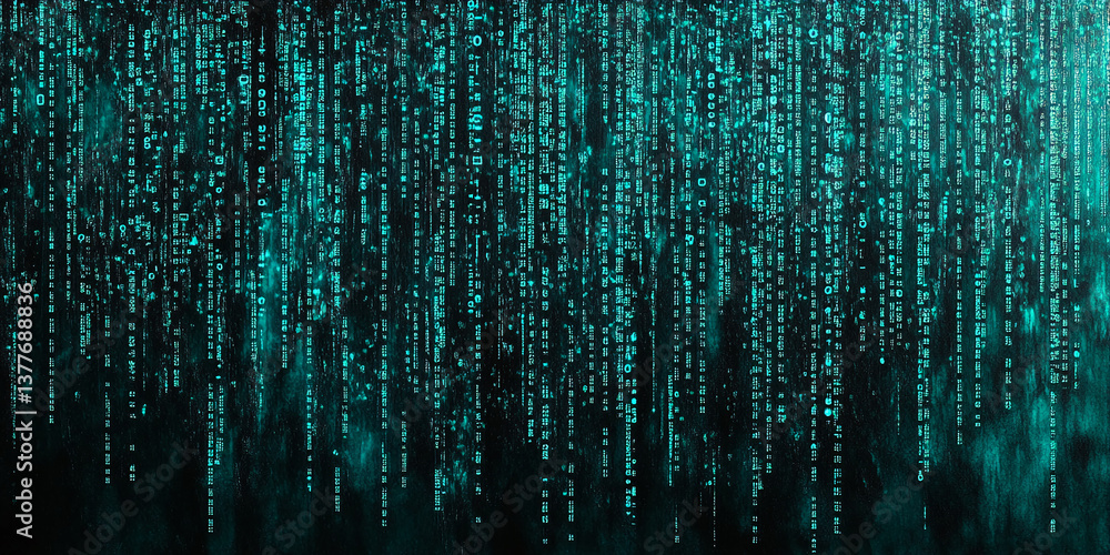 Poster abstract teal digital code cascading down a dark background, suggesting data flow, technology, or a 