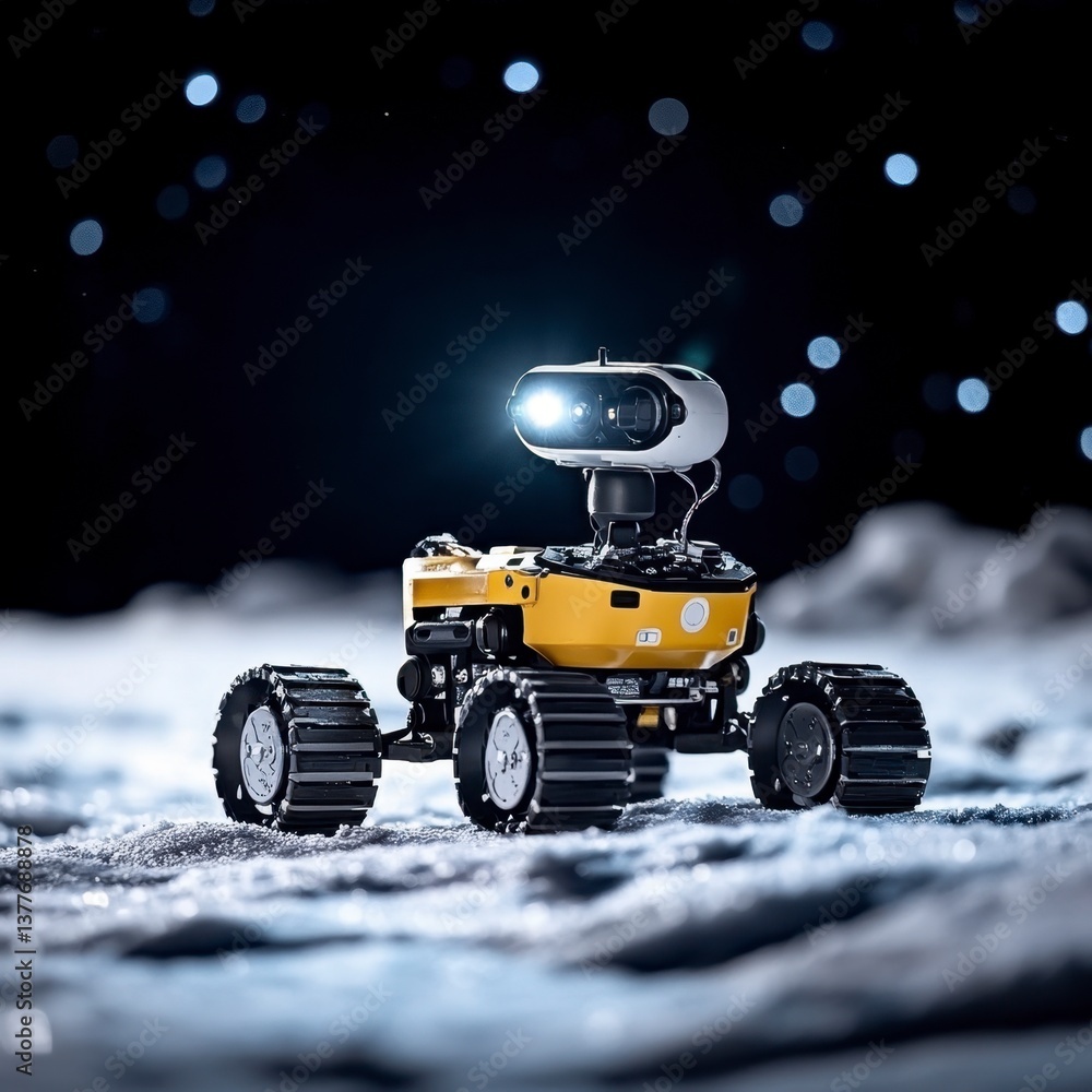 Poster small yellow and white robot rover on a lunar like surface at night, illuminated by its own light. t
