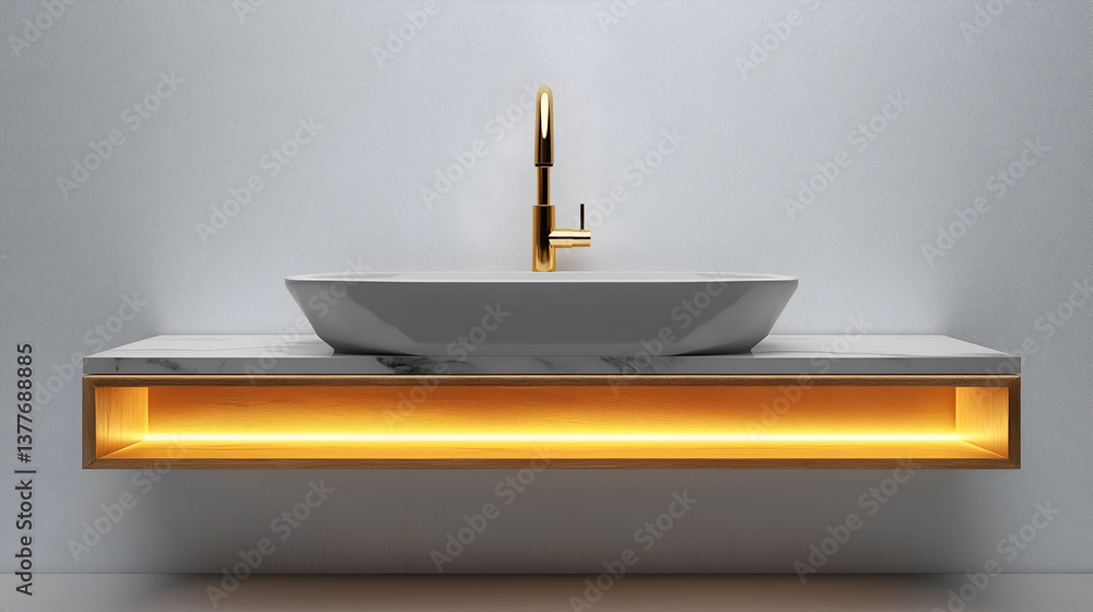 Poster a modern washbasin with a golden faucet, minimalist design with sleek lines and a built-in illuminat