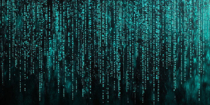 Abstract teal digital code cascading down a dark background, suggesting data flow, technology, or a futuristic digital landscape