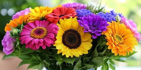 Vibrant Summer Bouquet A Colorful Assortment of Sunflowers, Zinnias, and Petunias in Full Bloom
