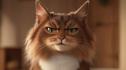 Fluffy brown cat with green eyes showing intense expression indoors