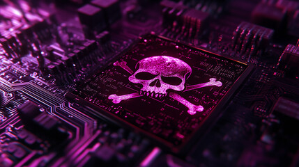 Close-up of circuit board with pink skull and crossbones, illustrating digital threat or malware concept, suitable for cybersecurity or technology related visuals