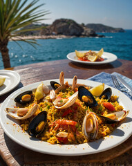 Delicious seafood paella served with a scenic ocean view  