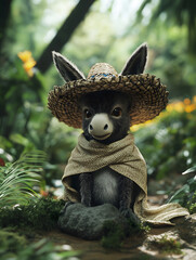 Mystical companion donning a straw hat in a lush forest setting
