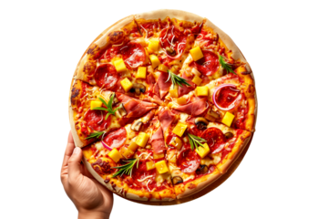 Hand holding Hawaiian Style pizza isolated on white transparent background. Concept of fast food and homemade pizza.
