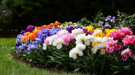 A colorful garden with peonies and irises in full bloom, © Preecha