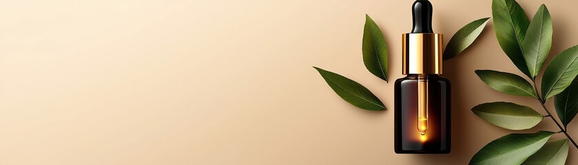 A sleek dropper bottle sits on a soft beige background, surrounded by green leaves, suggesting a natural and luxurious skincare product.