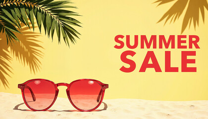 Summer Sale banner with sunglasses and palm shadows, for website ads, social media, and retail promotions.