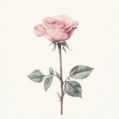 Fototapeta premium Clean vector drawing of a light pink rose with green leaves