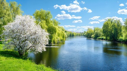 A peaceful riverbank with blooming willows and reeds,