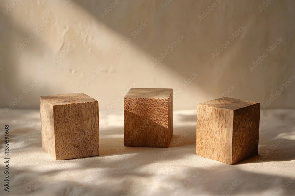 Poster three light brown wooden cubes on beige fabric, illuminated by sunlight, creating a minimalist displ
