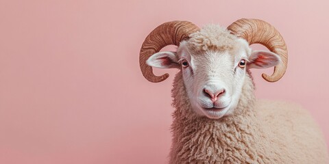 Portrait of ram sheep posing on pink background in studio shot