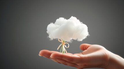 A person's hand holds a delicate, cloud-shaped object, creating a surreal image and symbolic representation of ideas