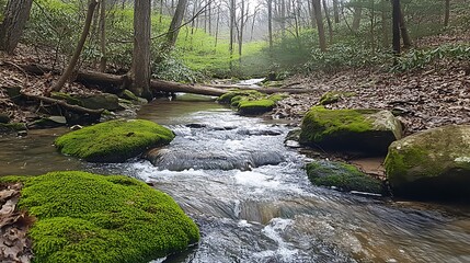 Obraz premium Peaceful forest stream with moss-covered rocks and clear water flowing under leafy trees