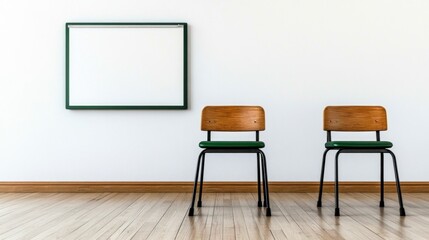 Two simple wooden chairs with green cushions face a blank whiteboard in a minimalist room. Light hardwood floor and white walls create a clean backdrop.