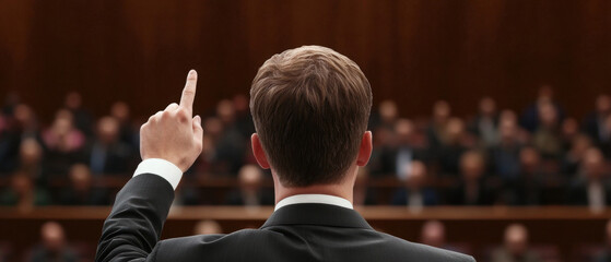well dressed individual raising one hand in courtroom setting, conveying authority and engagement with audience. atmosphere is serious and focused, highlighting importance of moment