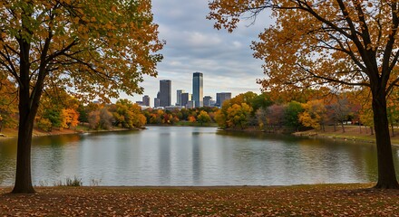 Obraz premium Autumn Skyline Reflection Golden Leaves Cityscape View Urban Park Fall Serenity Cityscape Through Autumn Trees Lake And Cityscape In Autumn Tranquil City Autumn Escape AI Generated