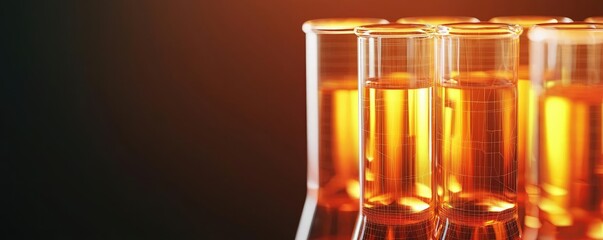 Biotechnology polygonal wireframe for laboratory chemistry concept. Test tubes filled with vibrant orange liquid in a laboratory setting.