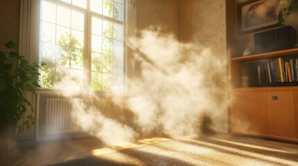 An indoor setting showing dust swirling in the air after a window is opened,