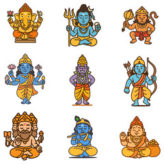 Hindu Gods Vector Illustration Set, Set of 9 Hindu Gods, Ganesha, Shiva, Hanumana, Vishnu, Vitthal, Rama, Bramha, Krishna, Kubera, Shankar, Elegant Clipart , icon set, hinduism, Indian Gods, Diwali
