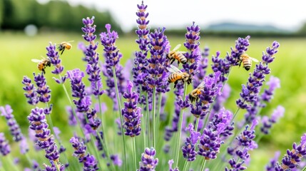 Fototapeta premium A field of purple lavender with bees buzzing around,