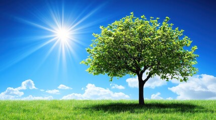 Fototapeta premium Single Tree in Lush Green Field under Bright Sunny Sky