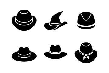 Hat Silhouette Collection Vector. Cowboy Witch Fedora Cap Icon Set
