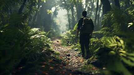Hiker walking on a narrow path through a dense, green forest, with fallen leaves scattered on the ground