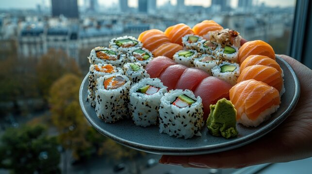 Elegant sushi assortment held in front of a beautiful Paris skyline at dusk