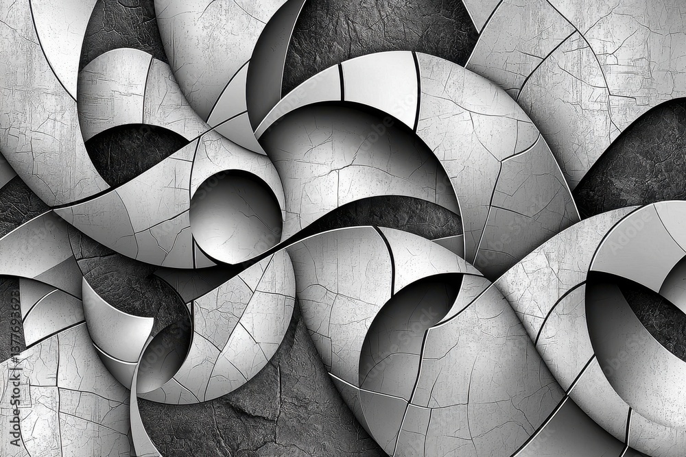 Poster a monochromatic abstract design featuring swirling, curved shapes and textured surfaces, creating a 