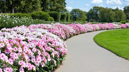 A garden path lined with blooming azaleas,