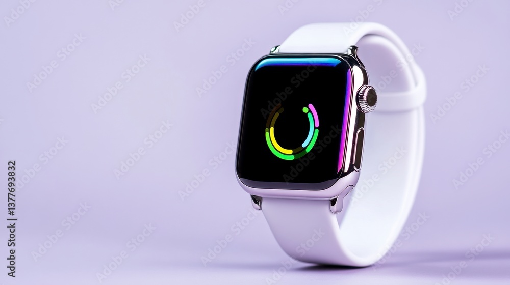 Aufkleber a white smartwatch with a colorful circular progress indicator on its dark screen rests on a pale pu